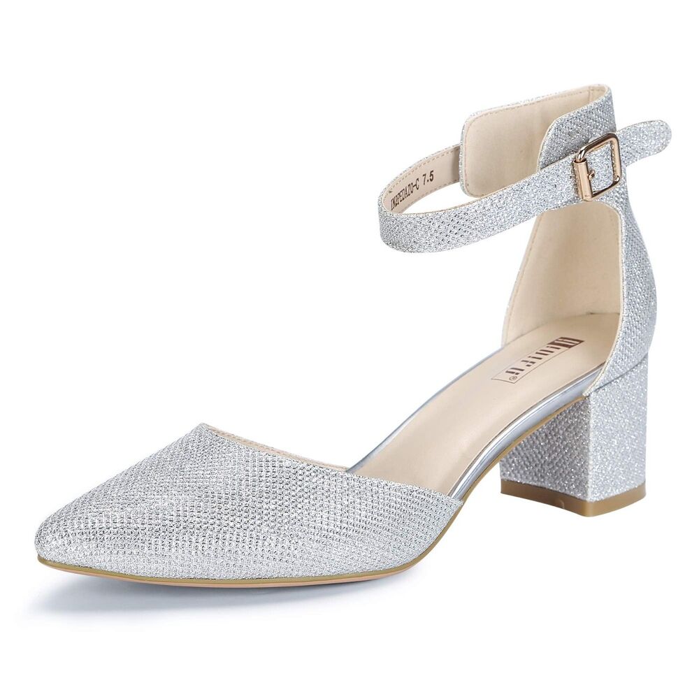 Silver Pumps Low Block Heels (Size 9)